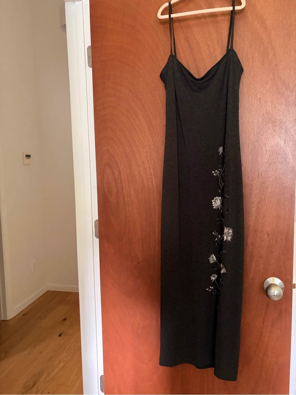 ABS Allen Schwartz Black Maxi Slip Dress with Side Floral Embroidery